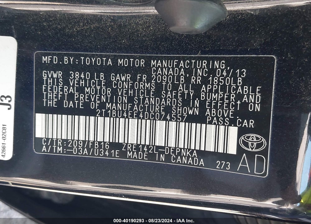 2013 TOYOTA COROLLA LE VIN: 2T1BU4EE4DC074557