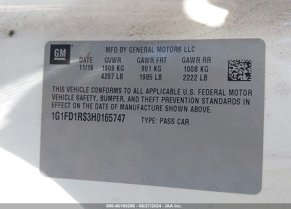 2017 CHEVROLET CAMARO 2LT VIN: 1G1FD1RS3H0165747