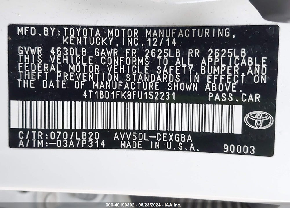 2015 TOYOTA CAMRY HYBRID XLE VIN: 4T1BD1FK8FU152231