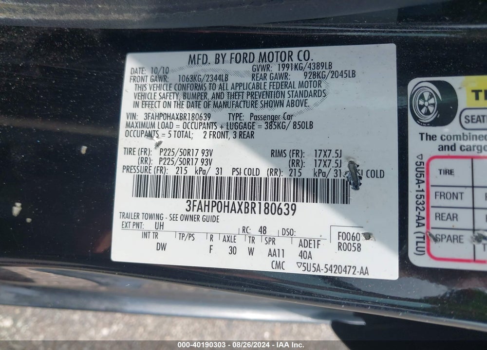 2011 FORD FUSION SE VIN: 3FAHP0HAXBR180639