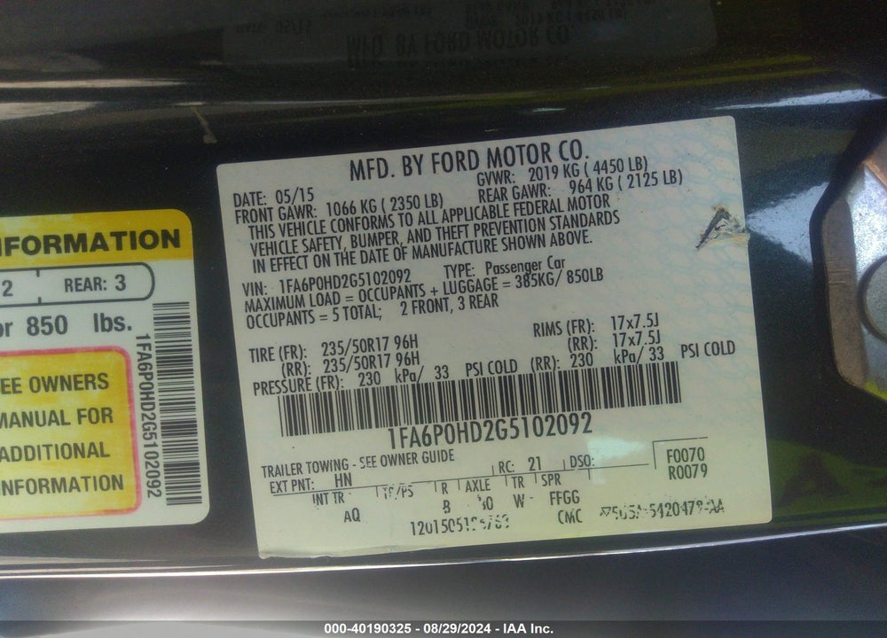 2016 FORD FUSION SE VIN: 1FA6P0HD2G5102092