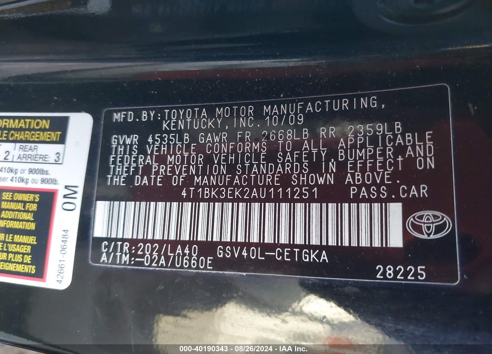 2010 TOYOTA CAMRY XLE V6 VIN: 4T1BK3EK2AU111251