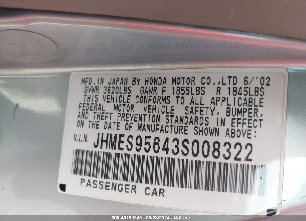 2003 HONDA CIVIC HYBRID VIN: JHMES95643S008322