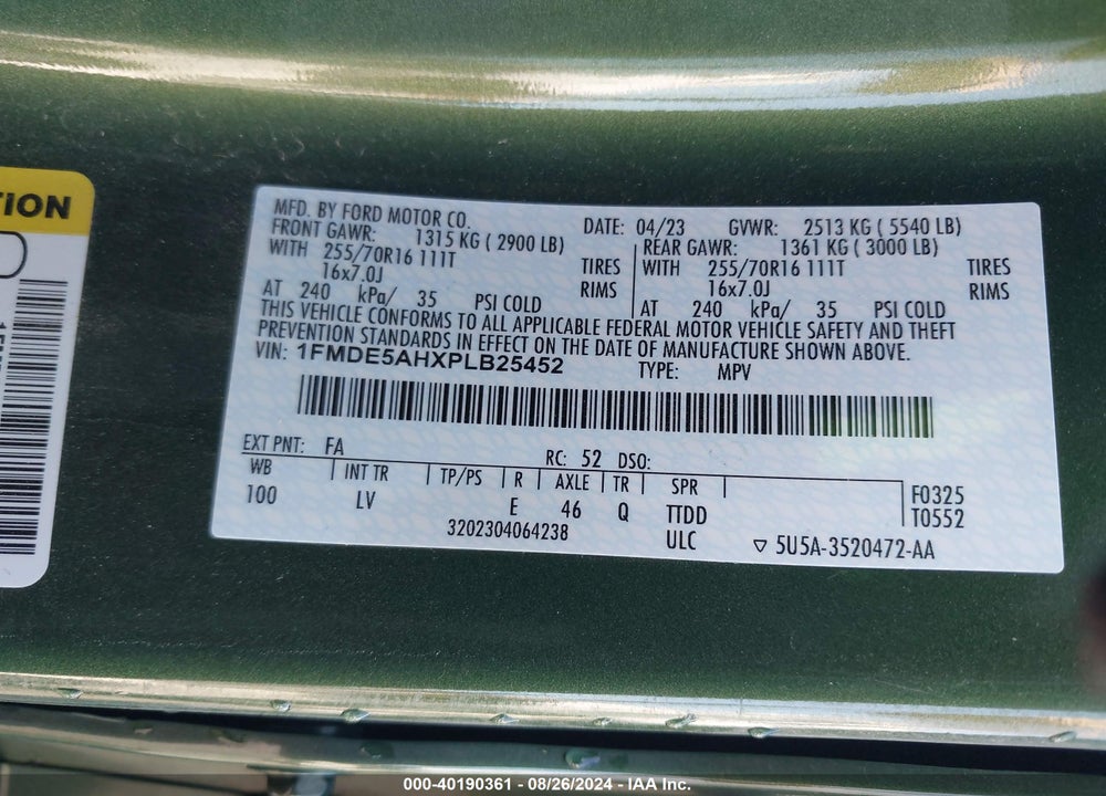 2023 FORD BRONCO VIN: 1FMDE5AHXPLB25452