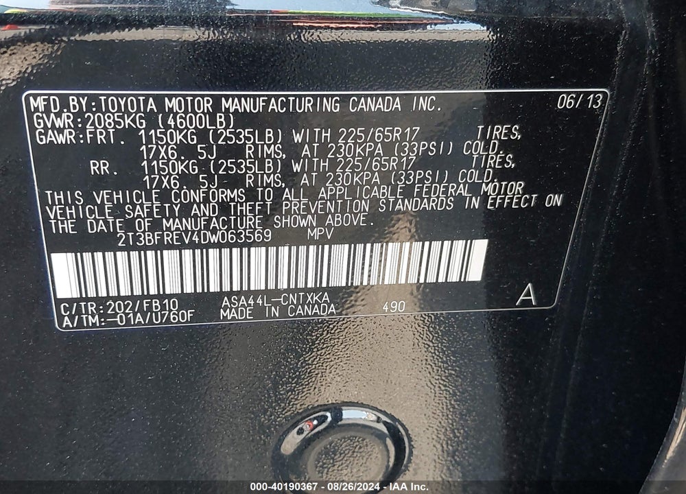 2013 TOYOTA RAV4 LE VIN: 2T3BFREV4DW063569