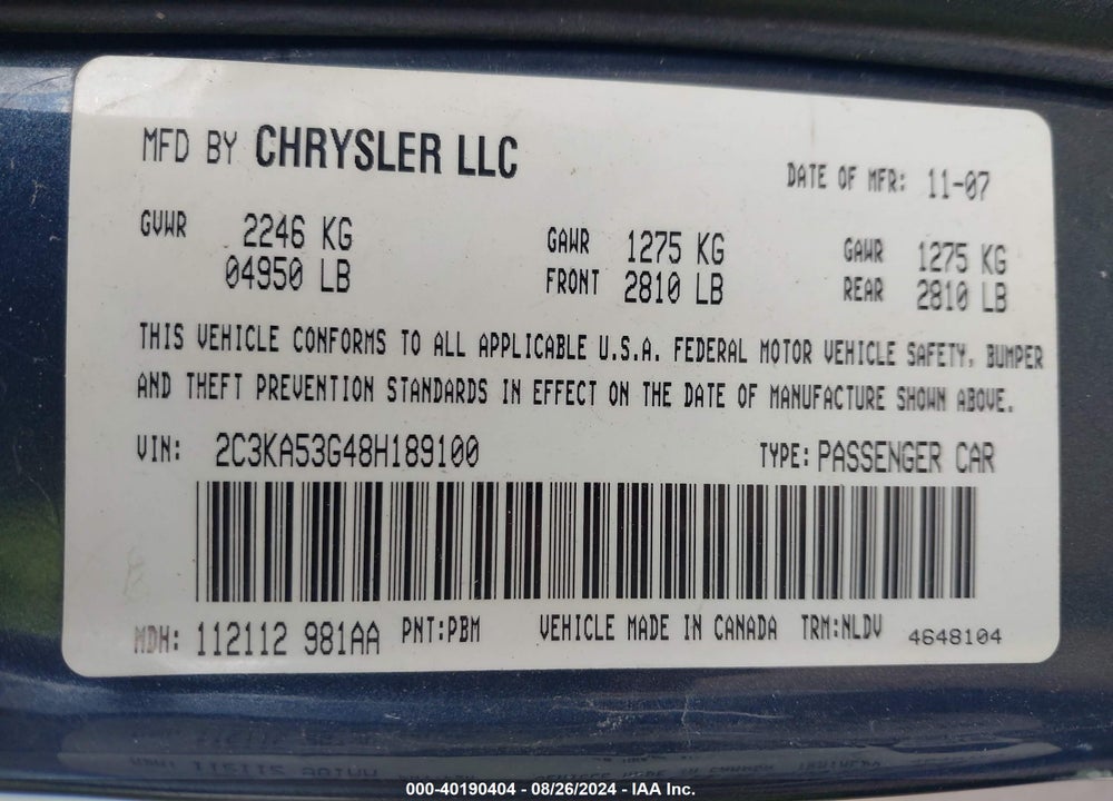 2008 CHRYSLER 300 TOURING VIN: 2C3KA53G48H189100