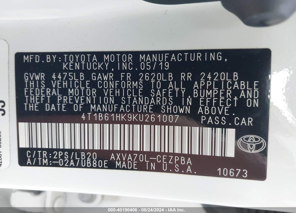 2019 TOYOTA CAMRY XSE VIN: 4T1B61HK9KU261007