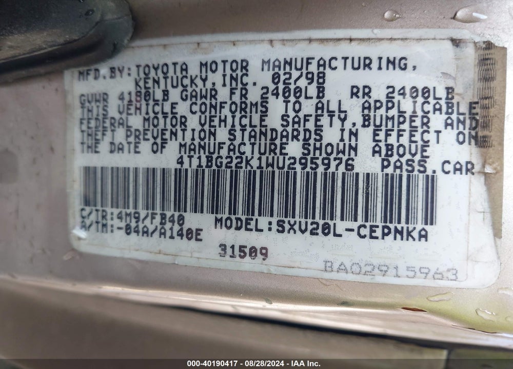 1998 TOYOTA CAMRY LE VIN: 4T1BG22K1WU295976