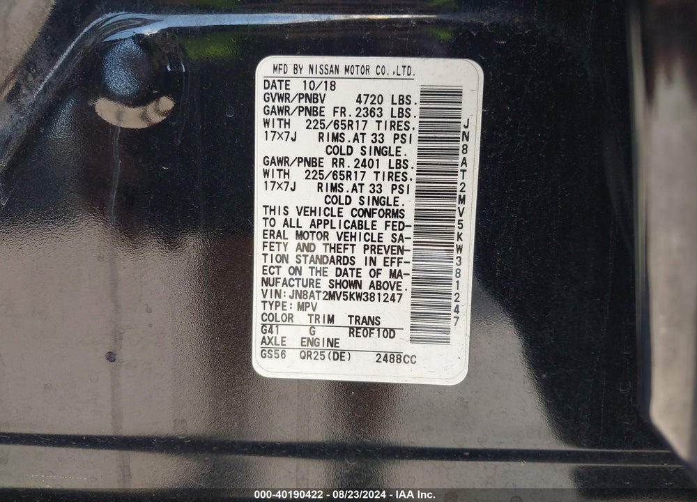 2019 NISSAN ROGUE SV VIN: JN8AT2MV5KW381247