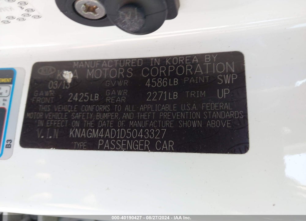 2013 KIA OPTIMA HYBRID LX VIN: KNAGM4AD1D5043327