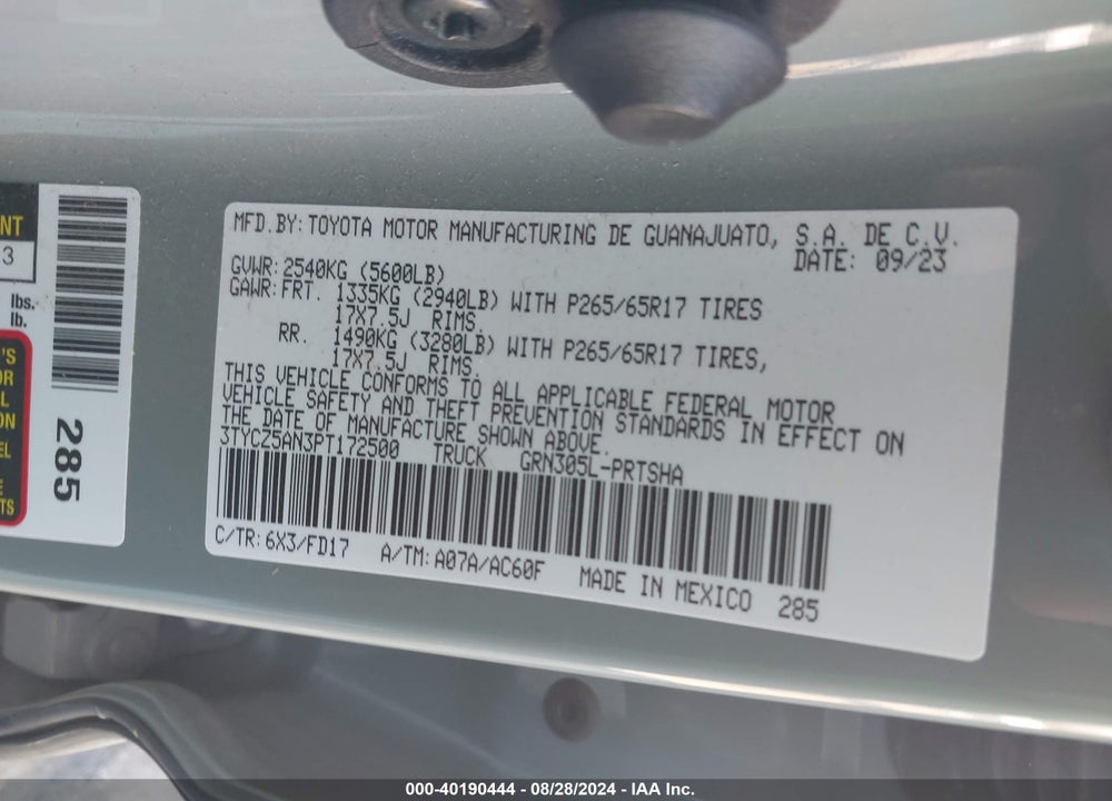 2023 TOYOTA TACOMA TRD SPORT VIN: 3TYCZ5AN3PT172500