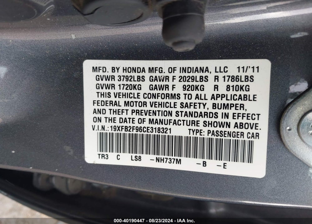 2012 HONDA CIVIC EX-L VIN: 19XFB2F96CE318321