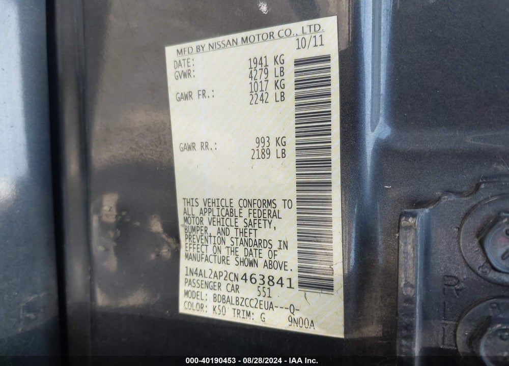 2012 NISSAN ALTIMA 2.5 S VIN: 1N4AL2AP2CN463841