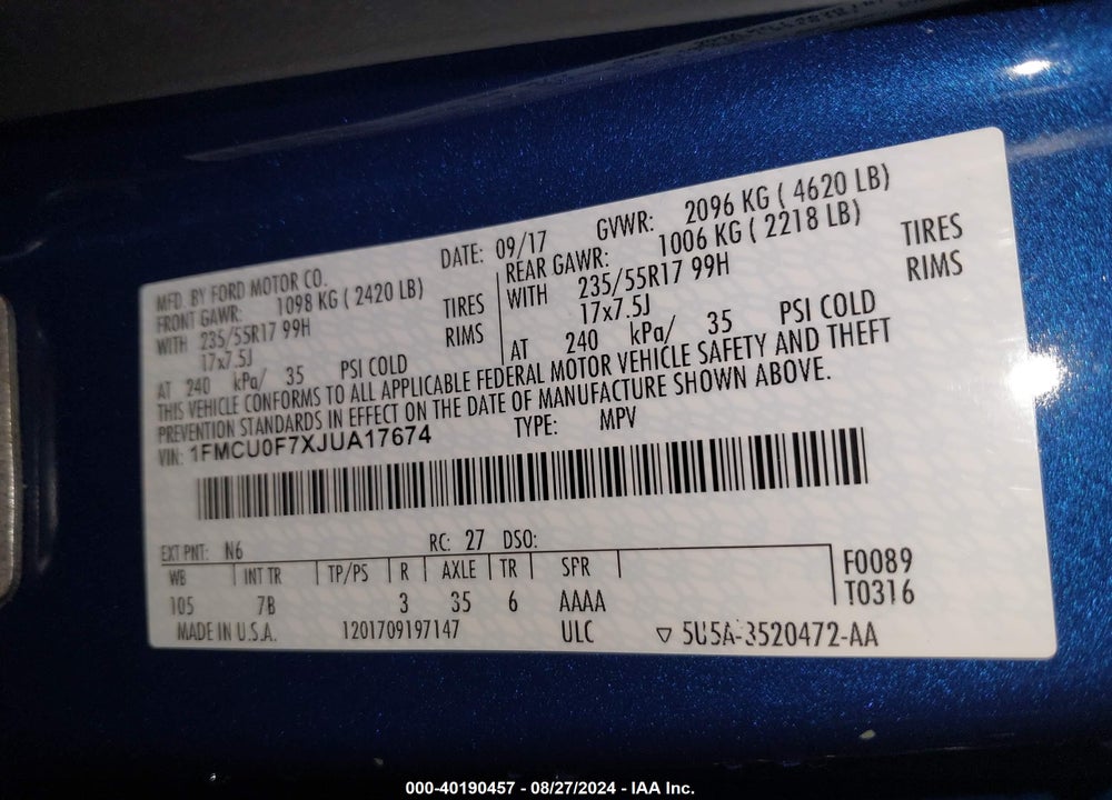 2018 FORD ESCAPE VIN: 1FMCU0F7XJUA17674