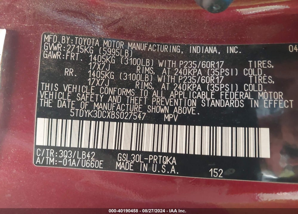 2011 TOYOTA SIENNA XLE V6 VIN: 5TDYK3DCXBS027547