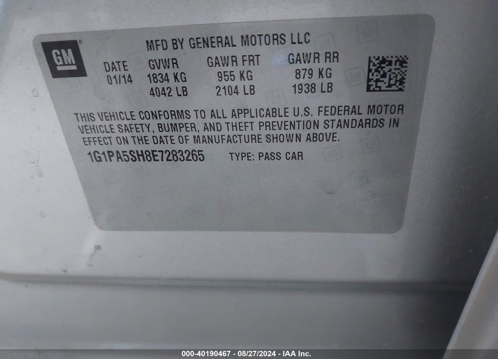 2014 CHEVROLET CRUZE LS AUTO VIN: 1G1PA5SH8E7283265