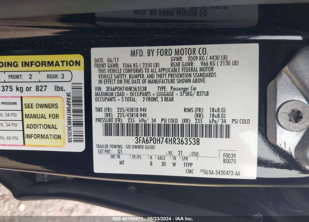 2017 FORD FUSION SE VIN: 3FA6P0H74HR363538