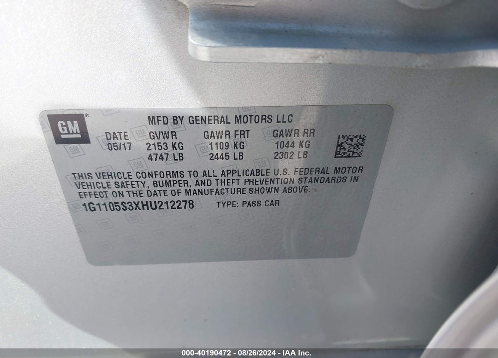 2017 CHEVROLET IMPALA 1LT VIN: 1G1105S3XHU212278