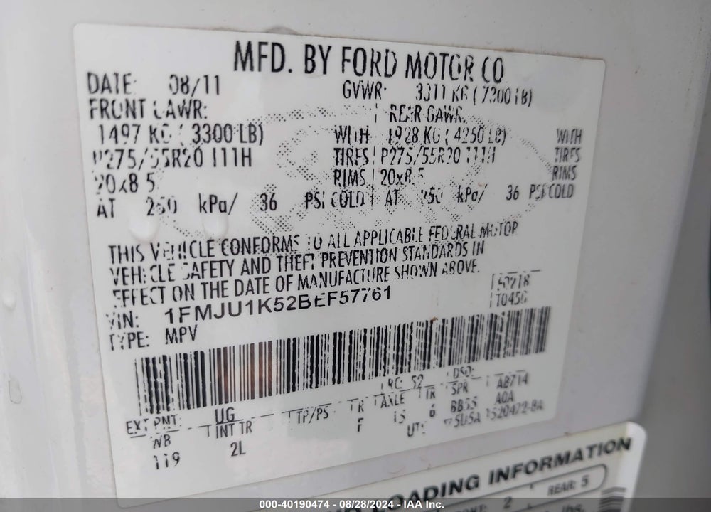 2011 FORD EXPEDITION LIMITED VIN: 1FMJU1K52BEF57761