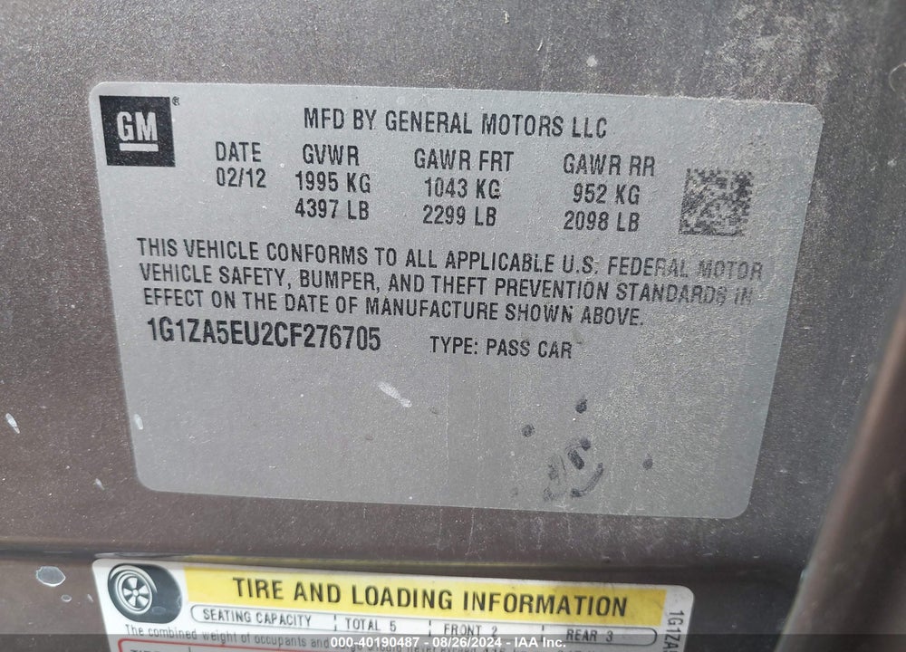 2012 CHEVROLET MALIBU LS VIN: 1G1ZA5EU2CF276705