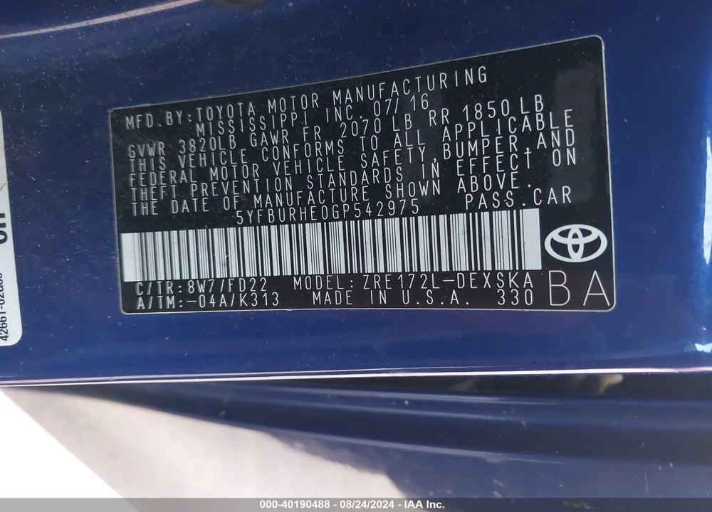 2016 TOYOTA COROLLA S PLUS VIN: 5YFBURHE0GP542975