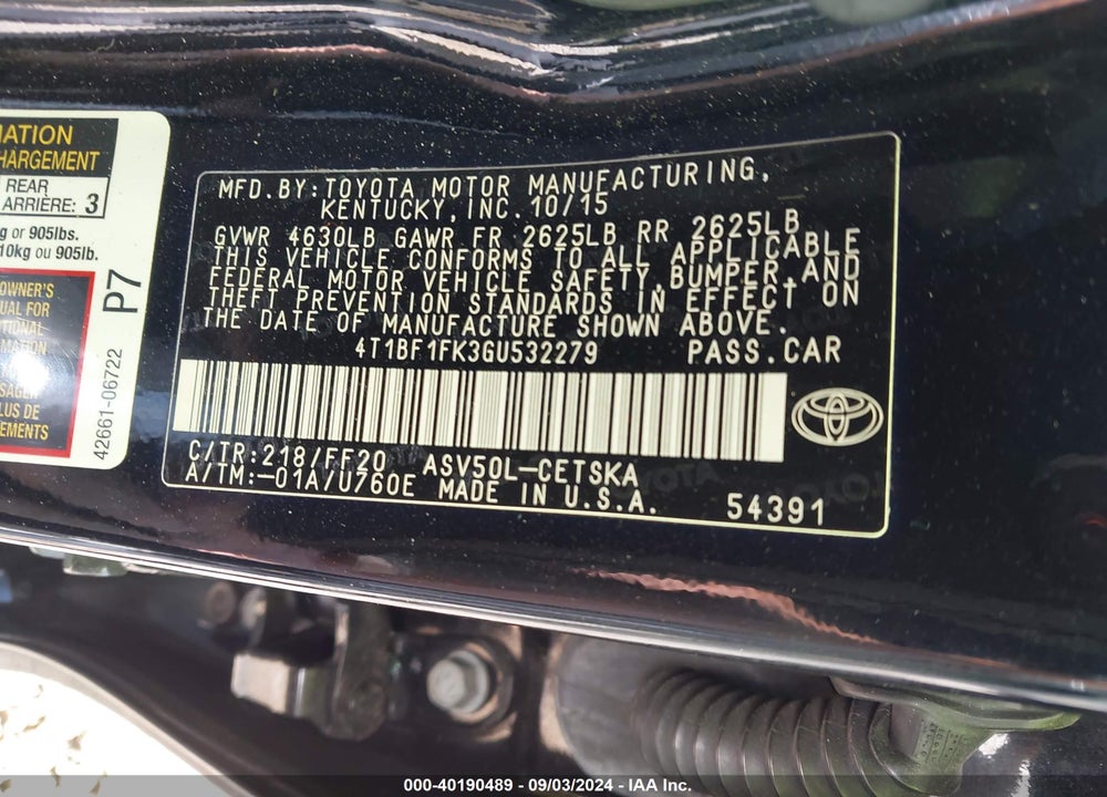 2016 TOYOTA CAMRY SE VIN: 4T1BF1FK3GU532279