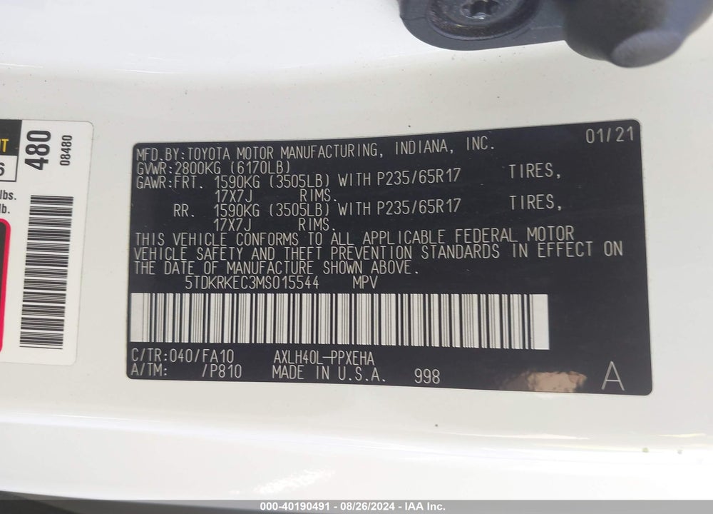 2021 TOYOTA SIENNA LE VIN: 5TDKRKEC3MS015544