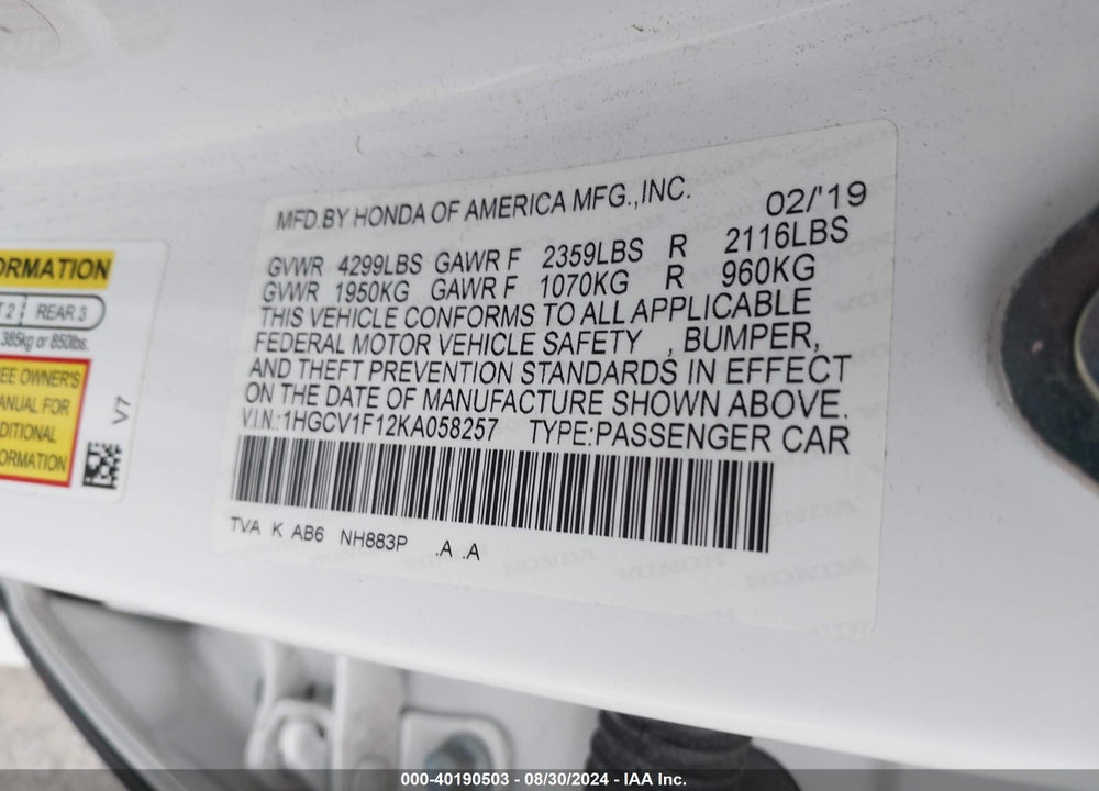 2019 HONDA ACCORD LX VIN: 1HGCV1F12KA058257