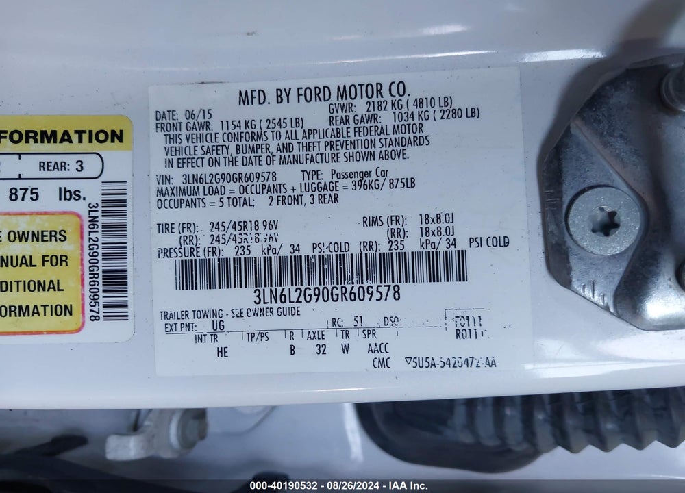2016 LINCOLN MKZ VIN: 3LN6L2G90GR609578