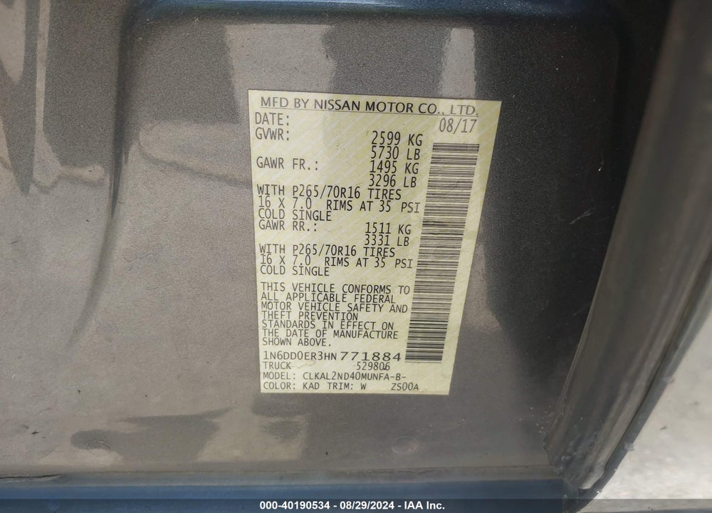 2017 NISSAN FRONTIER VIN: 1N6DD0ER3HN771884