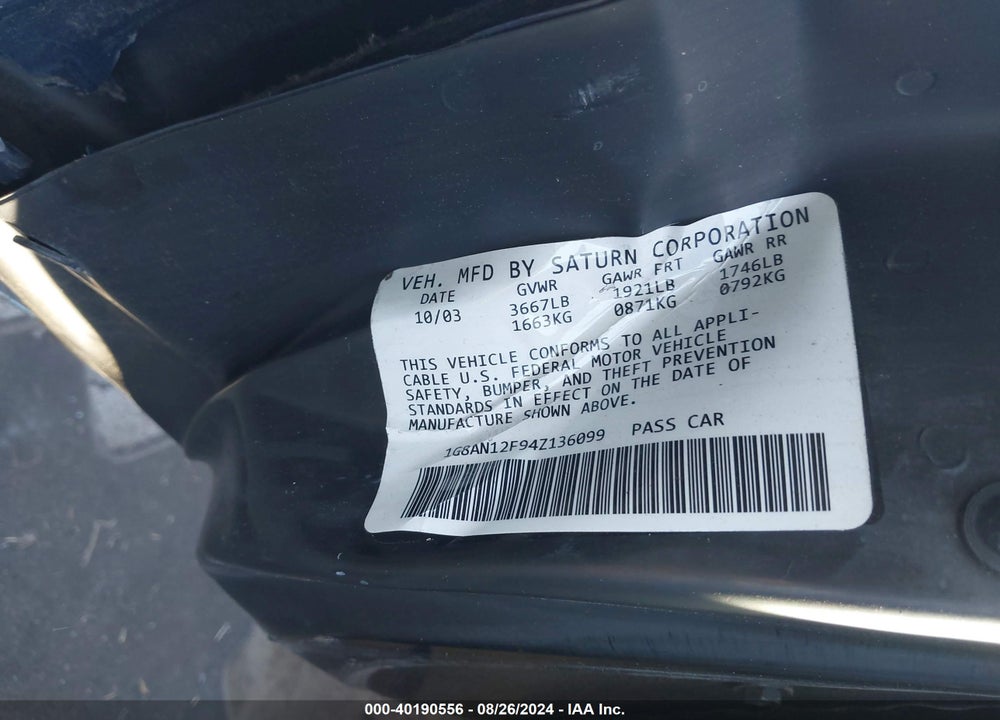 2004 SATURN ION 2 VIN: 1G8AN12F94Z136099