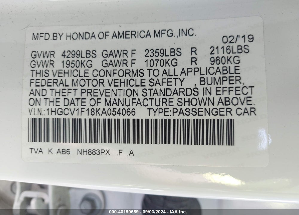 2019 HONDA ACCORD LX VIN: 1HGCV1F18KA054066