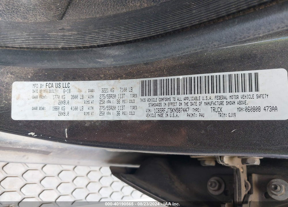 2019 RAM 1500 VIN: 1C6SRFJT5KN587447