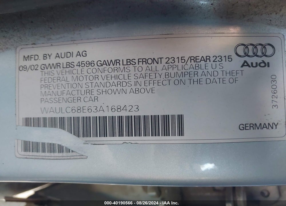 2003 AUDI A4 1.8T VIN: WAULC68E63A168423