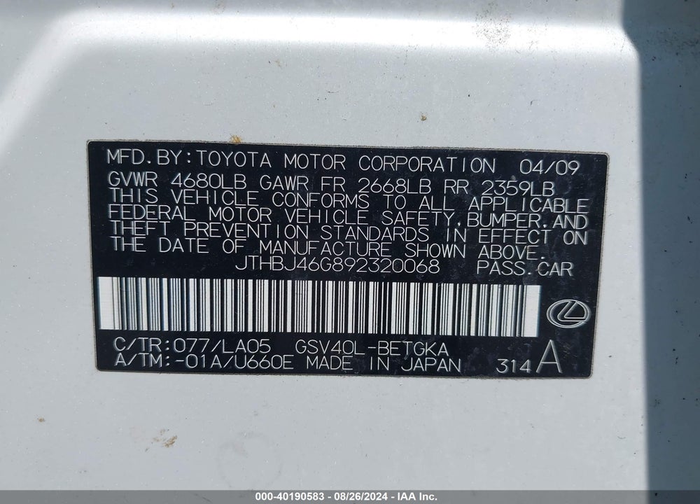 2009 LEXUS ES 350 VIN: JTHBJ46G892320068