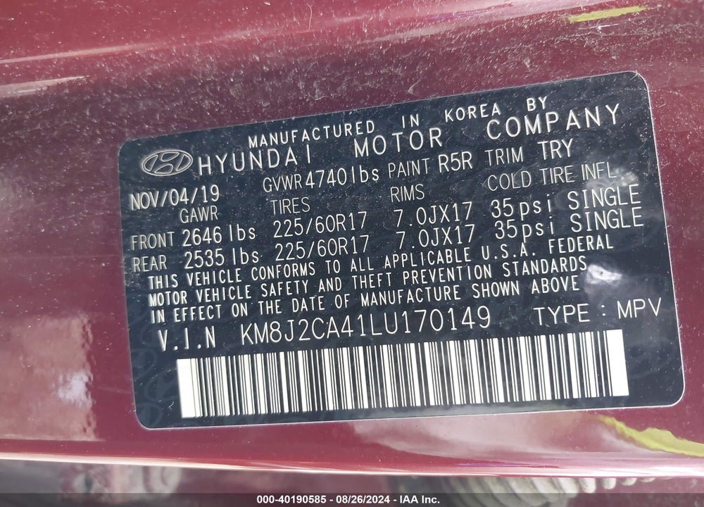 2020 HYUNDAI TUCSON SE VIN: KM8J2CA41LU170149