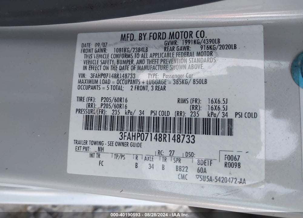 2008 FORD FUSION SE VIN: 3FAHP07148R148733