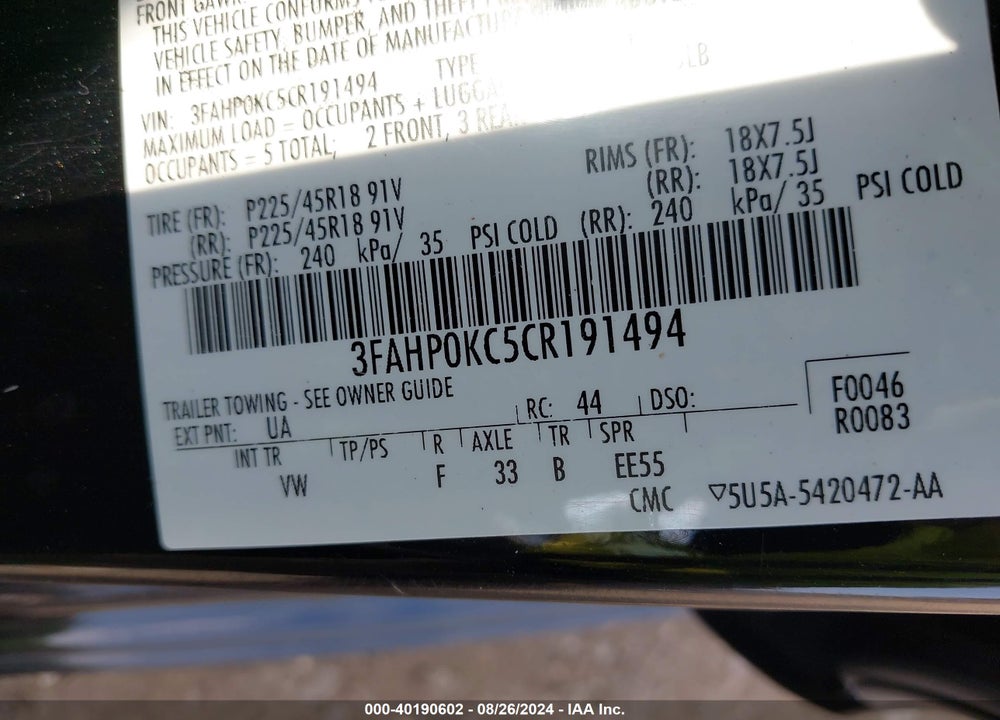 2012 FORD FUSION SPORT VIN: 3FAHP0KC5CR191494