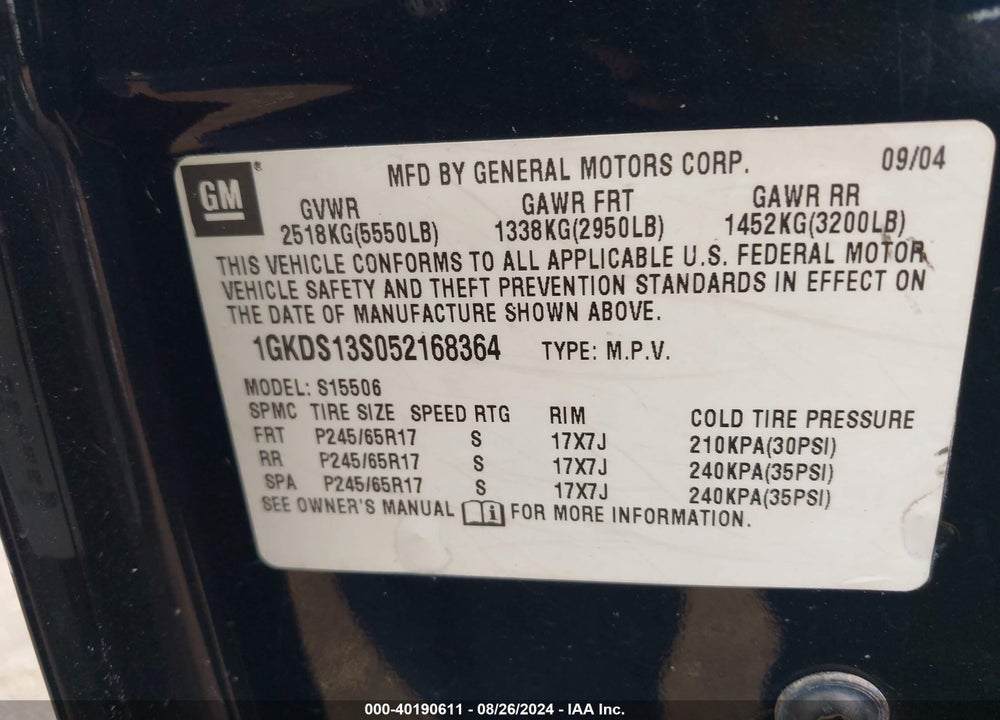 2005 GMC ENVOY SLE VIN: 1GKDS13S052168364
