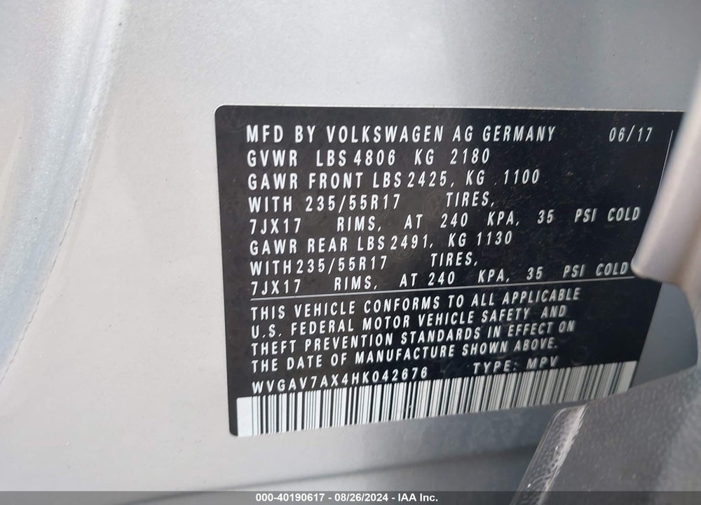 2017 VOLKSWAGEN TIGUAN 2.0T/2.0T S VIN: WVGAV7AX4HK042676