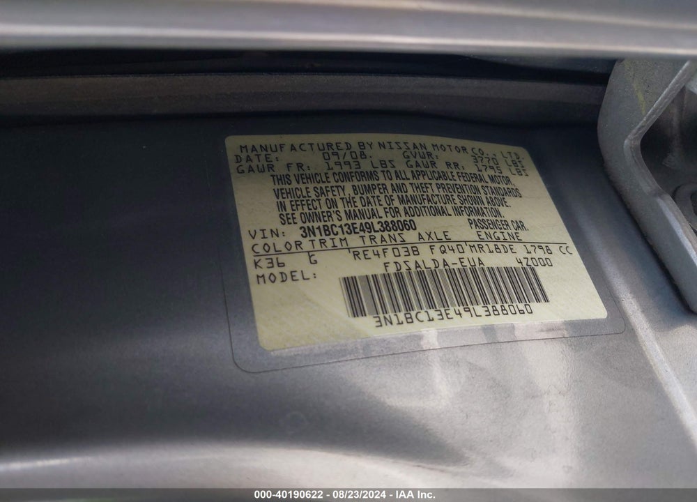 2009 NISSAN VERSA VIN: 3N1BC13E49L388060