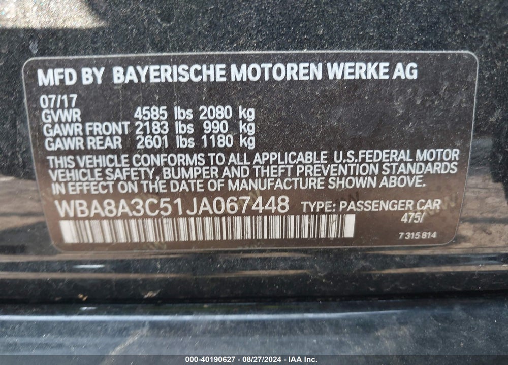 2018 BMW 320I XDRIVE VIN: WBA8A3C51JA067448