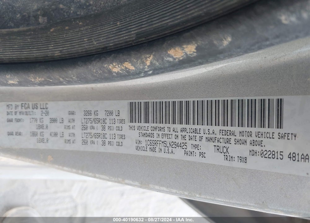 2020 RAM 1500 BIG HORN 4X4 5'7 BOX VIN: 1C6SRFFM5LN294425