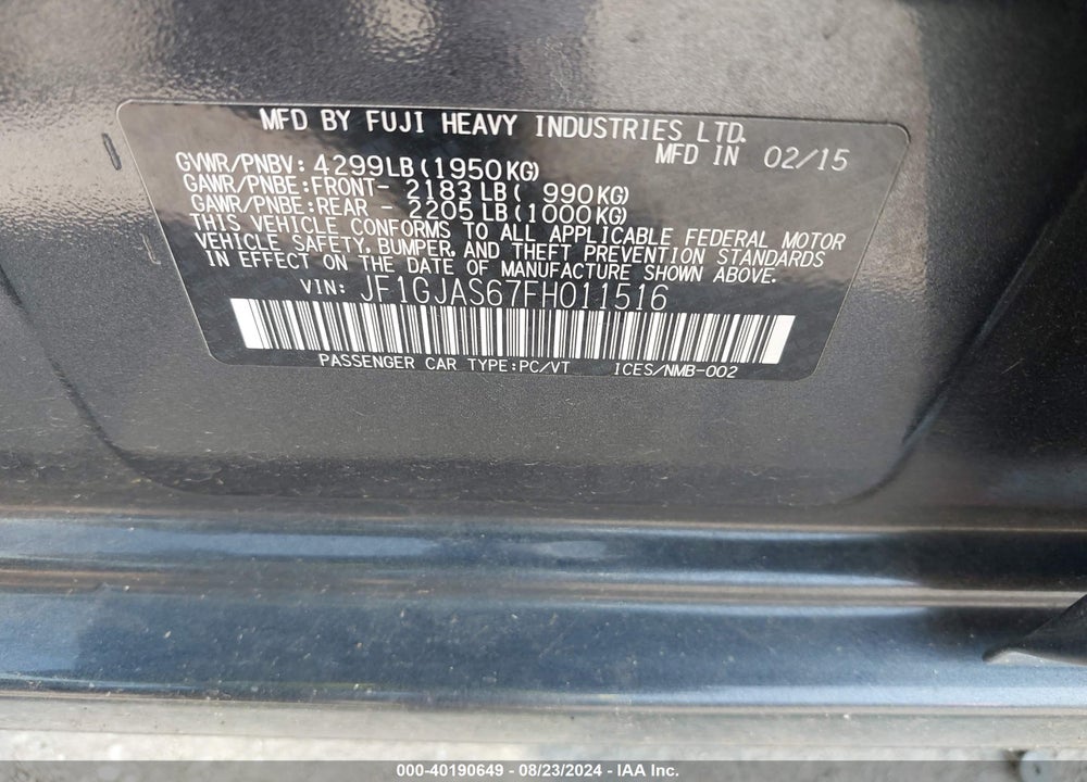 2015 SUBARU IMPREZA 2.0I LIMITED VIN: JF1GJAS67FH011516