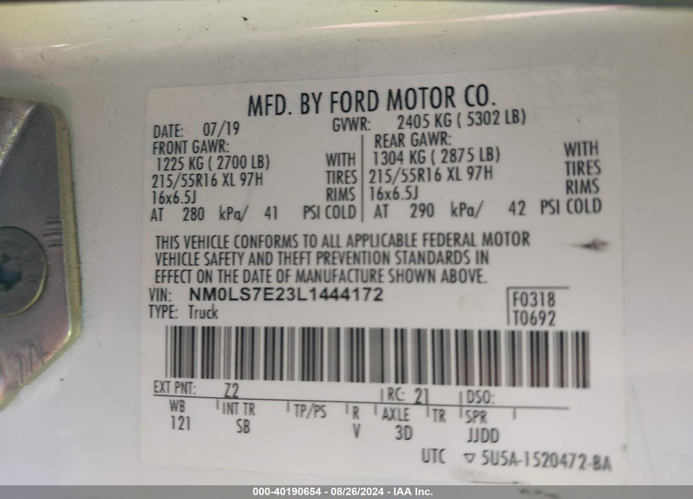 2020 FORD TRANSIT CONNECT XL VIN: NM0LS7E23L1444172