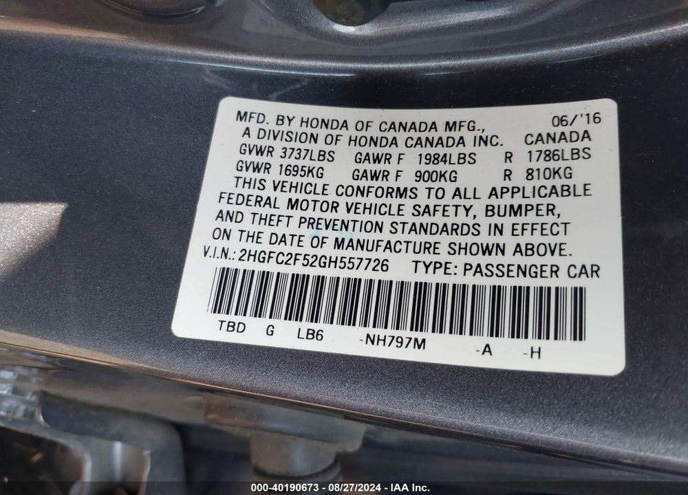 2016 HONDA CIVIC LX VIN: 2HGFC2F52GH557726