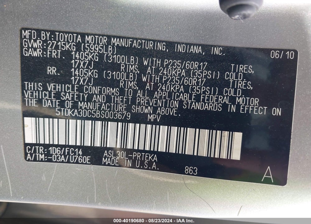 2011 TOYOTA SIENNA LE VIN: 5TDKA3DC5BS003679