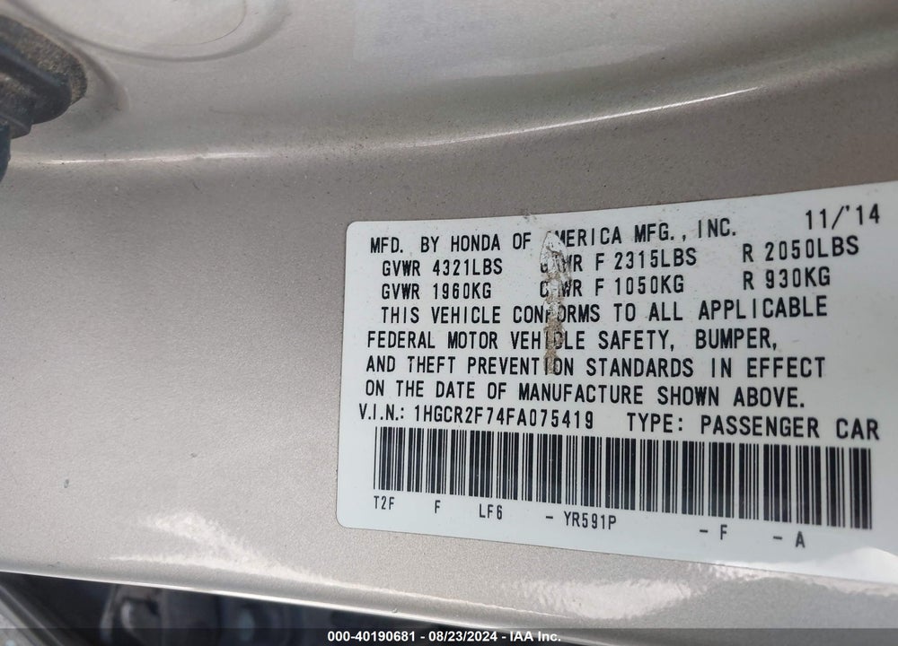 2015 HONDA ACCORD EX VIN: 1HGCR2F74FA075419