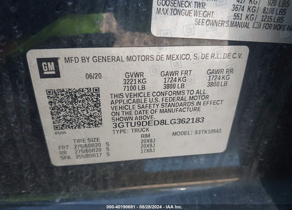 2020 GMC SIERRA K1500 SLT VIN: 3GTU9DED8LG362183