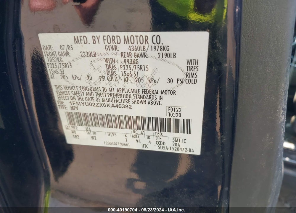2006 FORD ESCAPE XLS/XLS MANUAL VIN: 1FMYU02ZX6KA46382